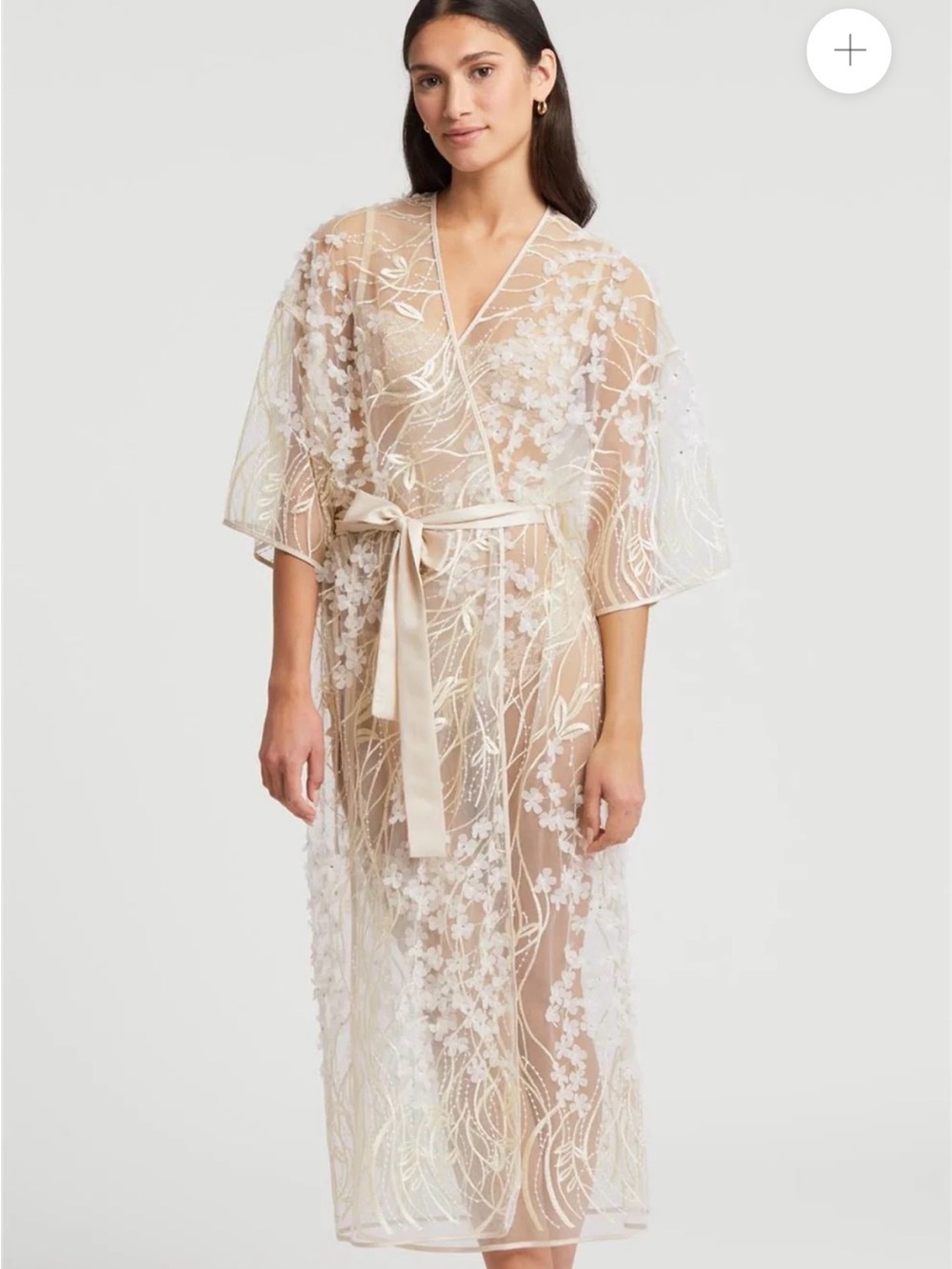 Sheer Floral Embroidered Kimono Robe in Ivory